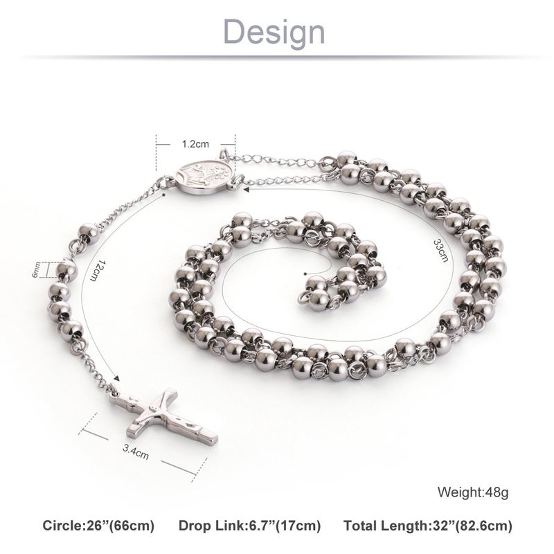 COTTVOTT Stainless Steel 6mm Beads Rosary Catholic Necklace Holy Medal & Crucifix 32inch(Steel) - Image 2